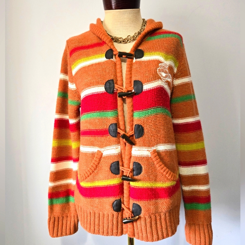 SESAME STREET ELMO Striped Toggle Knit Hooded Cardigan. Size Large